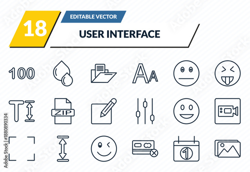 user interface icons set - one hundred, big and small drops, data folder, first date, images outline vector collection.