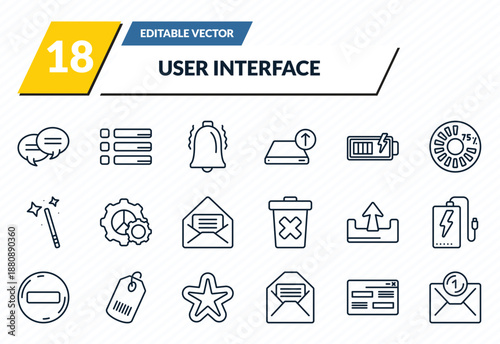user interface icons set - two chat bubbles, list button, alarm button, looking, new email envelope outline vector collection.