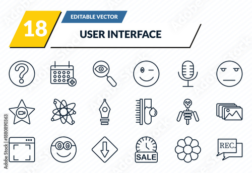 user interface icons set - question mark, add event, detective search, image of a flower, recording conversation outline vector collection.
