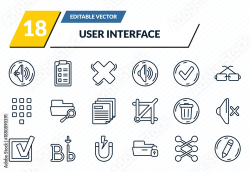 user interface icons set - round volume button, form, cross, lace, edit button outline vector collection.