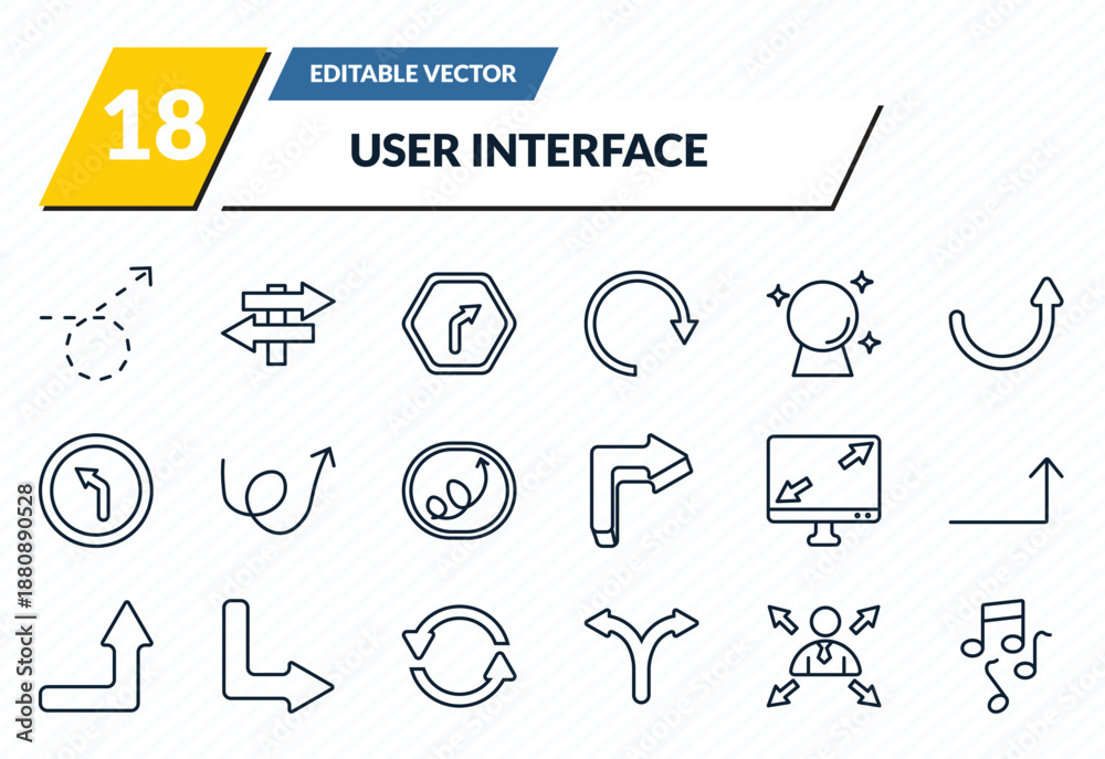 Fototapeta premium user interface icons set - curly dotted arrow, road, turn left only, multitasking worker, musical outline vector collection.