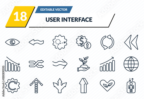 user interface icons set - viewer, squiggly arrow, scribble broken line, ecologic heart, lift outline vector collection.
