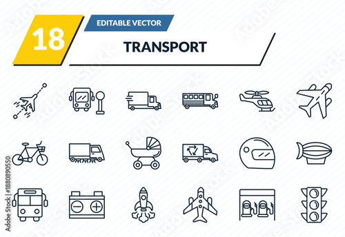 transport icons set - flights, school bus stop, free transport, petrol station, semaphore outline vector collection.