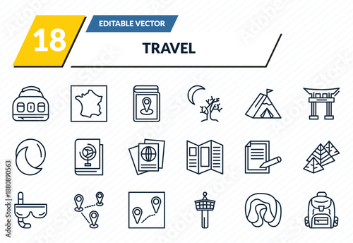 travel icons set - baby bag, france, map book, sleeping, student backpack outline vector collection.