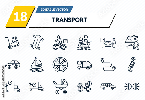 transport icons set - cart with boxes, longboard, delivery bike, long car, car lights outline vector collection.