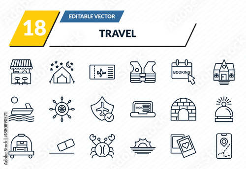 travel icons set - food stand, camping tent, boarding pass, , mobile map outline vector collection.