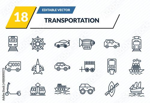 transportation icons set - train front, ship helm, sport car, rowing, schooner outline vector collection.