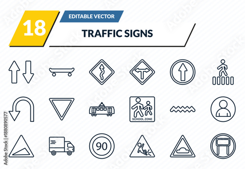 traffic signs icons set - way road, skateboard, winding road, hump or rough, tall outline vector collection.