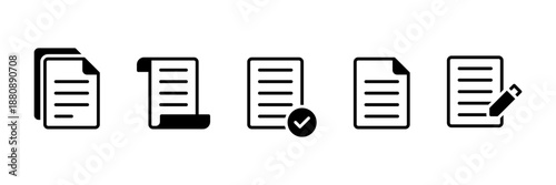 File document icons with copy, scroll, approve, create, duplicate, and edit actions for office and workflow systems. for file management tasks, vector illustration