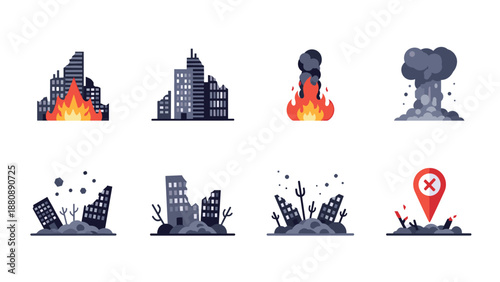 Collection of disaster icons depicting urban destruction and fires