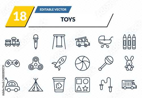 toys icons set - train toy, microphone toy, swing toy, skipping rope dump truck outline vector collection.