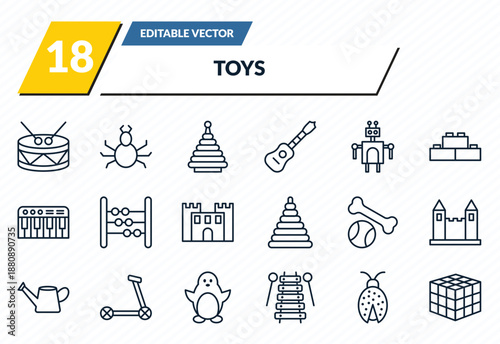 toys icons set - drum toy, spider toy, pyramid toy, ladybug thinking game outline vector collection.