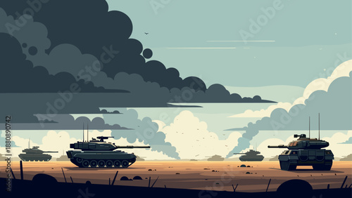 Dramatic cartoon battlefield with tanks under stormy sky