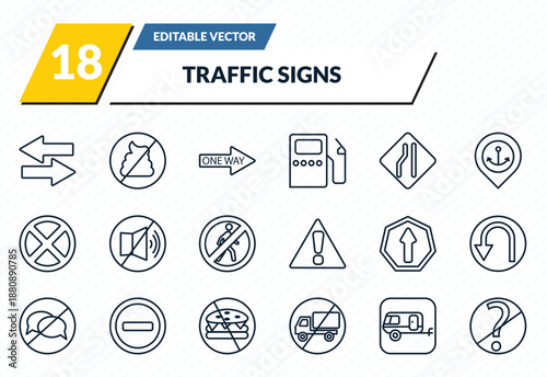 traffic signs icons set - two ways, no pooping, one way, caravan, no doubt outline vector collection.
