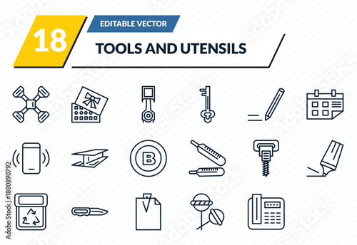 tools and utensils icons set - cross wrench, chote box, piston on, tattoo, modern telephone outline vector collection.