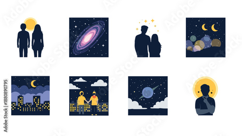 Night sky romance: silhouettes and cosmic dreams in flat design