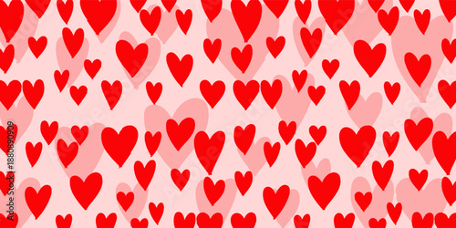 Happy Valentines day pink background vector. Romantic symbol drawing of pink and red doodle hearts in seamless pattern. Love illustration for greeting card, web banner, fabric, package, cover.