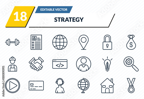 strategy icons set - strength, resume, website, house, medal outline vector collection.