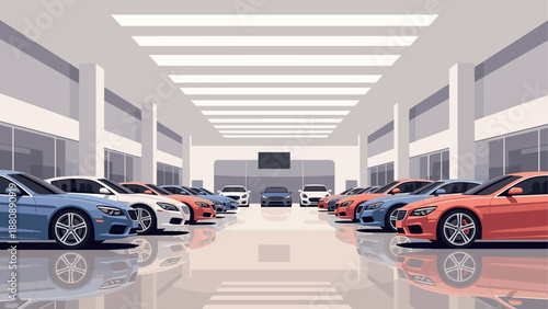 Modern car showroom with luxury vehicles in symmetrical display and bright lighting