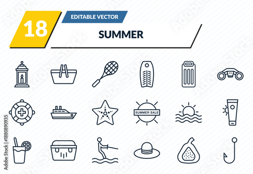 summer icons set - lantern, pinic basket, rackets, fig, fish and hook outline vector collection.