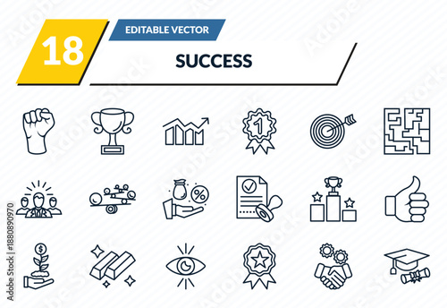success icons set - fist, cup, profits, cooperation, mortarboard outline vector collection.