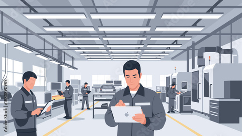 Modern factory scene with workers using tablets in clean industrial setting