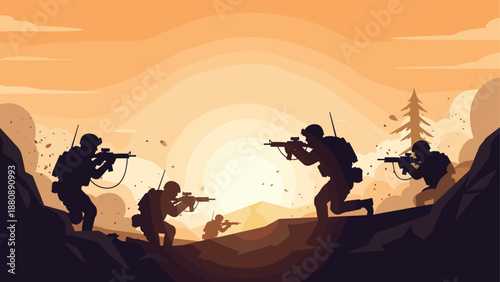 Silhouette soldiers in battle stance against dramatic sunset background