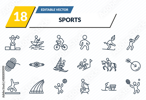 sports icons set - number one athlete, man in canoe, bicycle rider, skibob, man playing tennis outline vector collection.