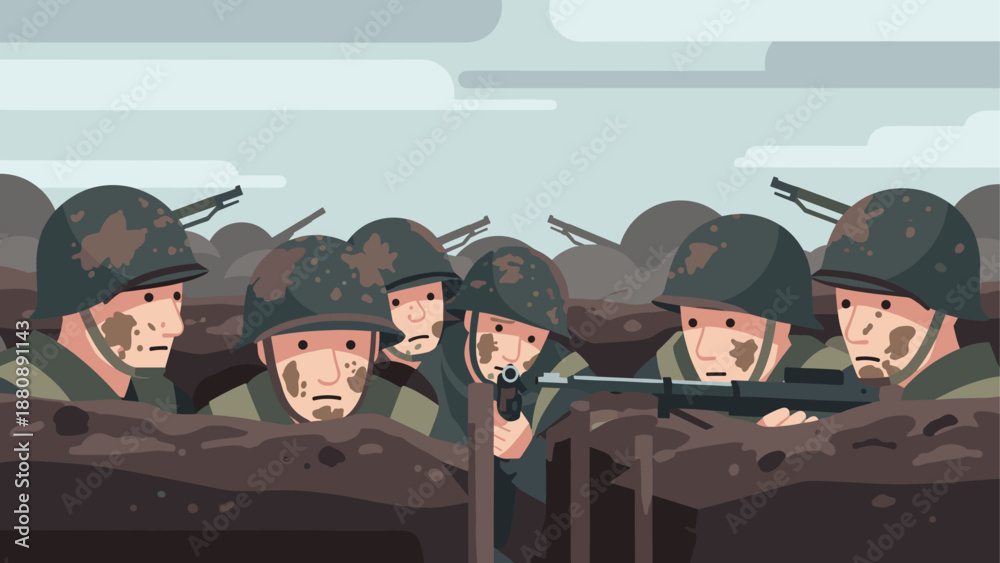 Fototapeta premium Soldiers in trenches during world war conflict under cloudy skies