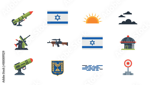 Israeli symbols and military elements: missile, flag, sunrise, and more in flat style