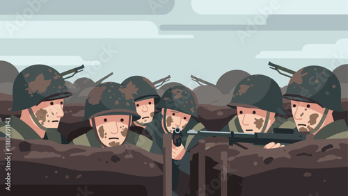 Soldiers in trenches during world war conflict under cloudy skies