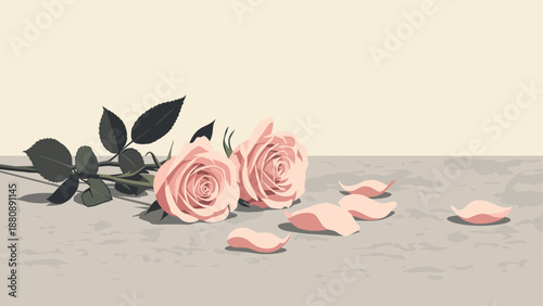 Elegant pink roses on rustic surface with scattered petals