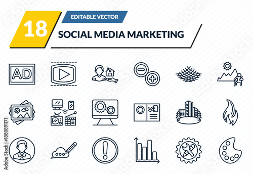social media marketing icons set - ad, video player, homeless, development, color outline vector collection.