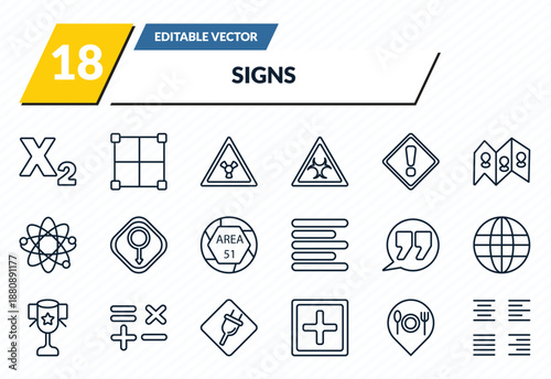 signs icons set - subscript, borders, radiation, restaurant, alignment outline vector collection.