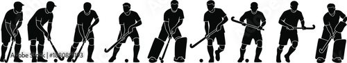 Silhouette Illustration of Field Hockey Players in Action Including Goalkeepers, Offensive Moves, and Defensive Stances for Sports Design