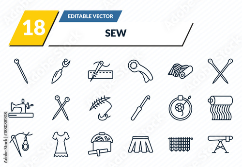 sew icons set - pin sew, seam ripper, running stitch, hand craft, ironing board outline vector collection.