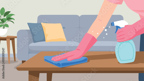 Flat design of home cleaning scene with spray bottle and gloves in living room