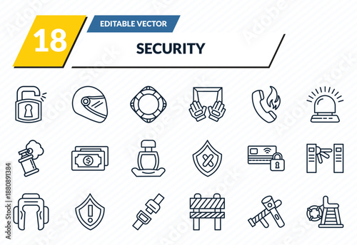 security icons set - unlock padlock, motorbike helmet, lifeguard float, police tools, lifeguard chair outline vector collection.
