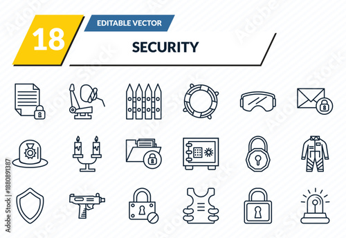 security icons set - locked file, airbag, picket, locked padlock, emergency light outline vector collection.