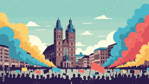 Colorful urban protest scene in retro style with historic architecture