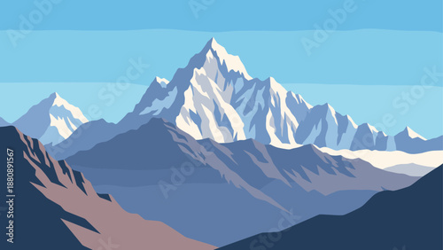 Serene mountain landscape with snow-capped peaks and clear blue sky