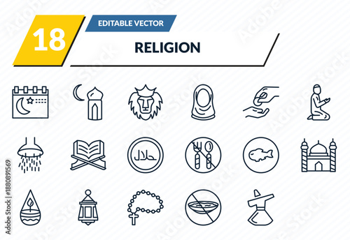 religion icons set - ramadan month, subah prayer, lion of judah, ramadan fasting, sufi mystic outline vector collection.
