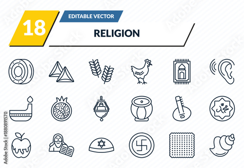 religion icons set - gefilte fish, hamantaschen, israel barley, matzo, conch shell outline vector collection.