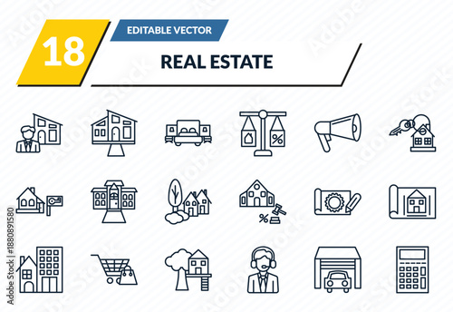 real estate icons set - or, house front view, bedroom, garage, calculate outline vector collection.