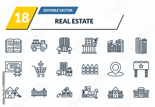 real estate icons set - catalog, moving truck, office building, villa, duplex outline vector collection.