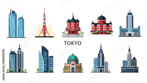 Tokyo cityscape with iconic landmarks and modern architecture in flat style