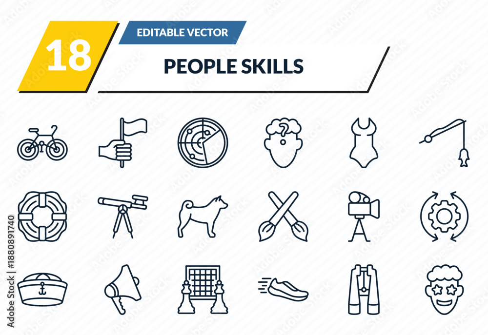Fototapeta premium people skills icons set - cyclist, leadership, radar detection, big binoculars, emotions outline vector collection.