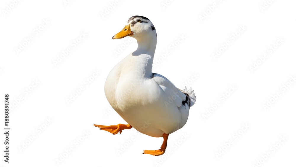 Fototapeta premium White duck walking with orange beak and webbed feet, domestic farm bird in motion, side view of a graceful waterfowl for nature and agriculture design isolated PNG with Transparent Background