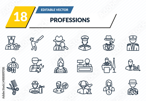 professions icons set - pharist, cricket player, detective, financial manager, fisherman outline vector collection.