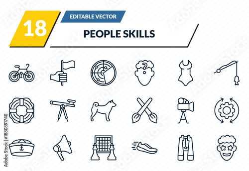 people skills icons set - cyclist, leadership, radar detection, big binoculars, emotions outline vector collection.
